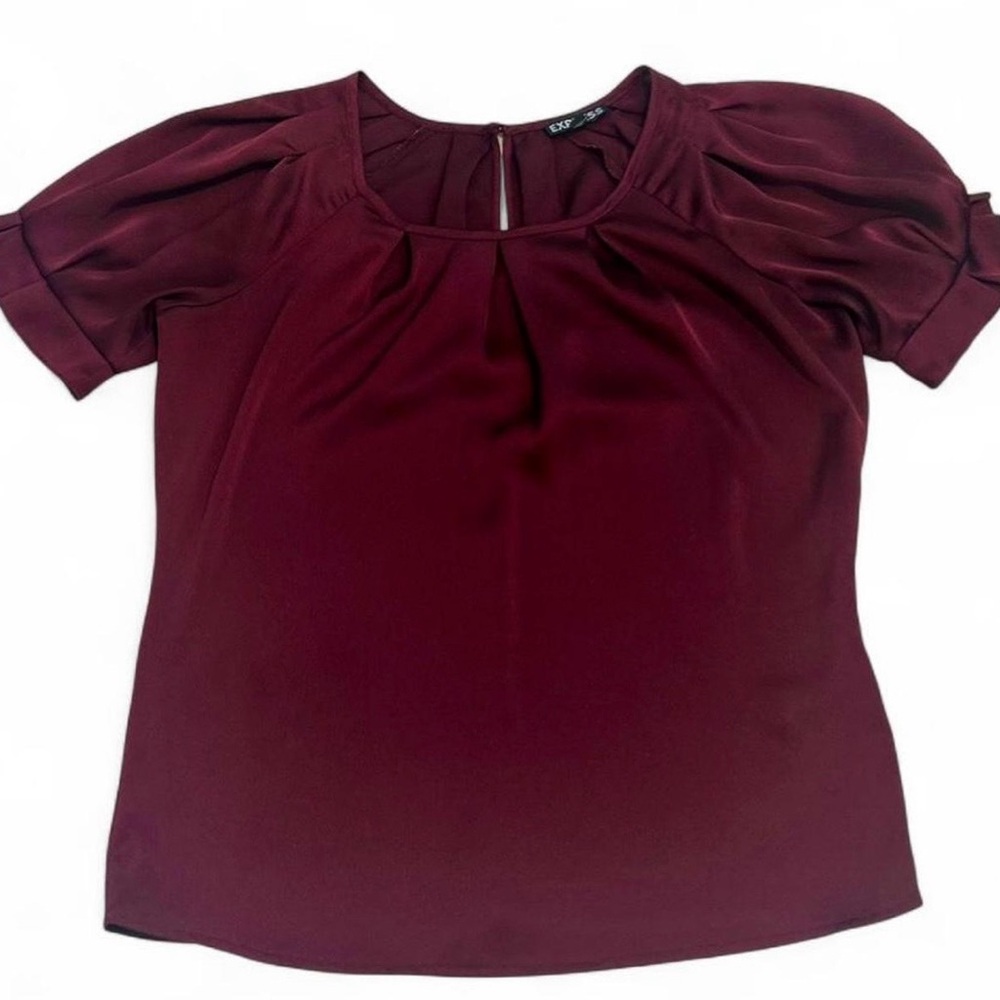 Elegant Burgundy Nice Blouse Short Sleeve Pleated Women's Top XS